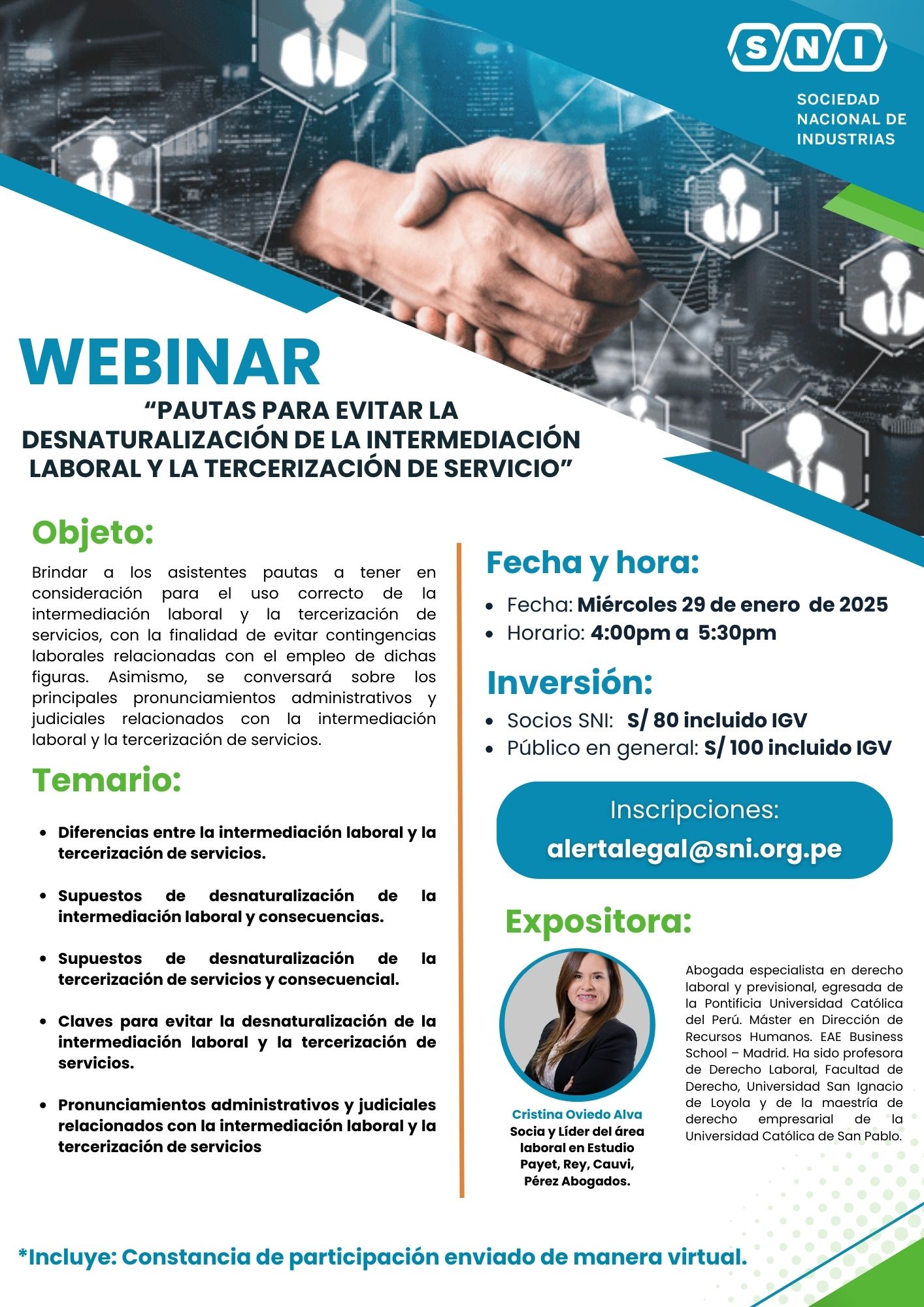 FLYER WEBINAR PAUTAS PARA EVITAR LA DESNATURALIZACIÓN DE LA INTERMEDACIÓN LABORAL Y LA TERCERIZACIÓN DE SERVICIO
